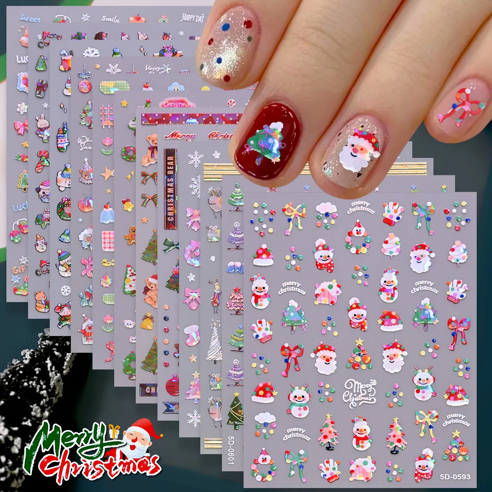 

12pcs Glass Laser Effect Elk Snowman Cartoon Nail Decals Colorful Cat Bear Christmas Tree Nail Stickers Colorful Nail Decoration