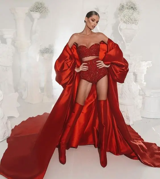 New Couture Red Long Satin Women Jacket Puff Sleeves Female Long Cape Women Jacket Vest Outwear Outfit