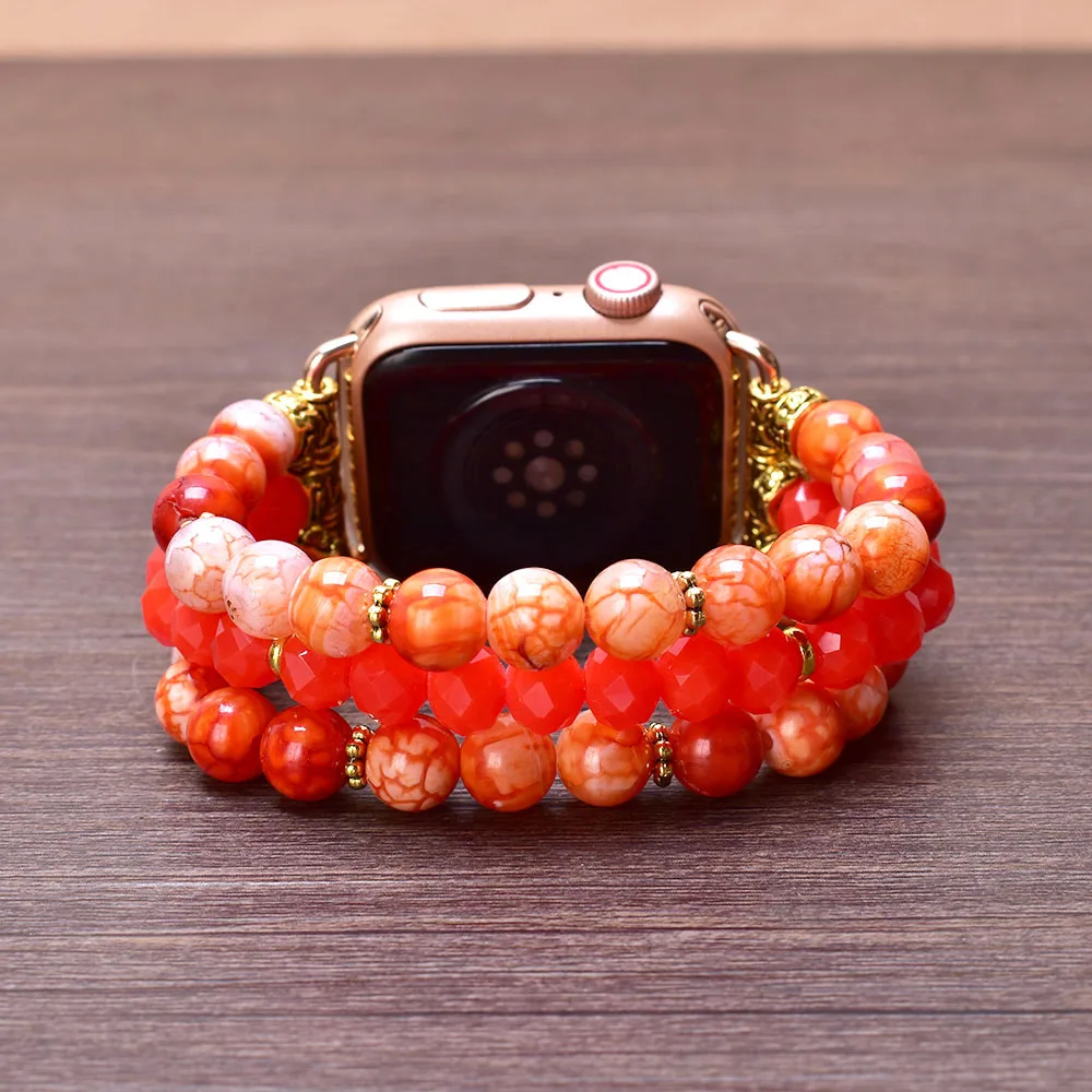 Orange Onyx Crystal Apple Watch Band 38mm 40mm 41mm 42mm 44mm 45mm Natural Stone Beaded Bracelet Strap for Iwatch Series 1-SE