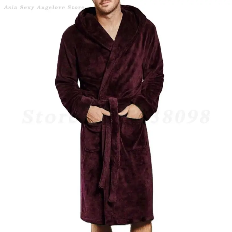 Thickened Coral Fleece Long Robe Sleepwear Plus Size 5XL Flannel Men Home Clothes Loungewear Winter Hooded Bathrobe Nightwear