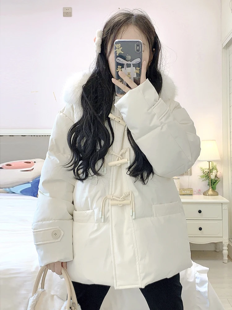 Chaqueta de Plumón para Mujer, Invierno 2025, Nueva, Talla Pequeña, Sensación de Alta Gama, Cuello de Piel, Abrigo Cálido con Botones, Estilo Dulce y Cálido