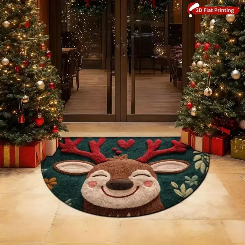 VIKAMA Christmas Semicircular Flannel Rug Reindeer Face Heart Antler Print Non Slip Mat For Living Room Bedroom Entry Decor