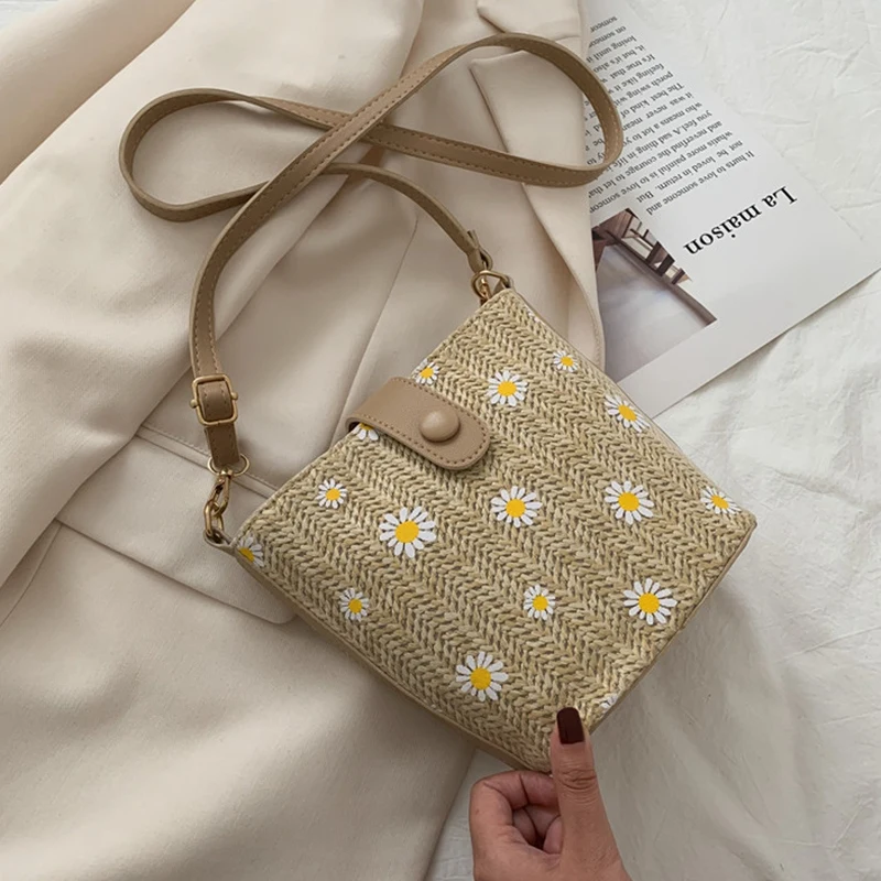 FZFZ 작은 데이지 밀짚 짠 여성용 메신저 백 패션 체인 버킷 백 보헤미안 핸드백 여학생 가방 카키