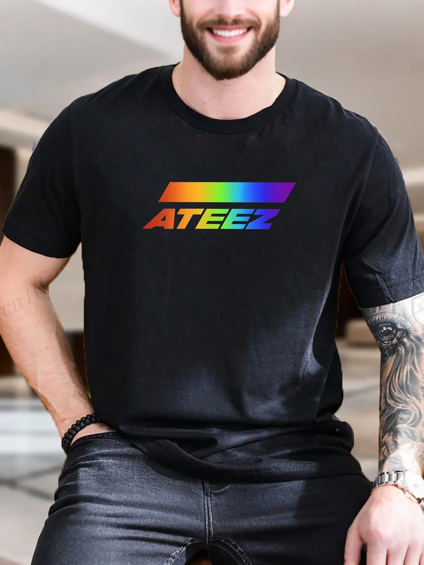 

Men's Printed Cotton T-Shirt - Vibrant Ateez' Logo Design, Breathable Soft Fabric, Casual Comfort Fit for Daily Wear, T