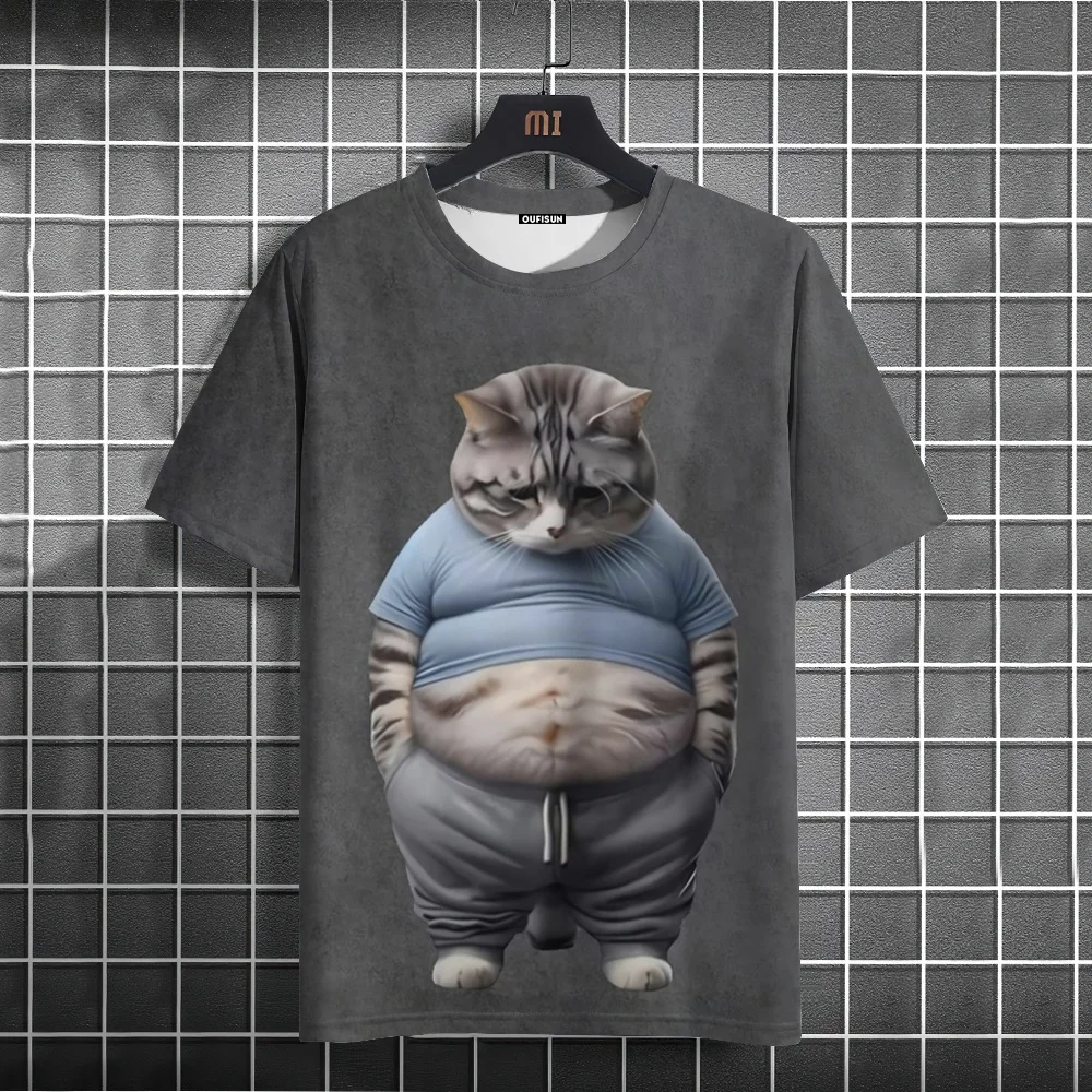 Funny Men's T-Shirt Animal Fat Cat Printed T-Shirts Casual Loose Short Sleeved Tee Oversized Men Clothing Tops Summer Streetwear