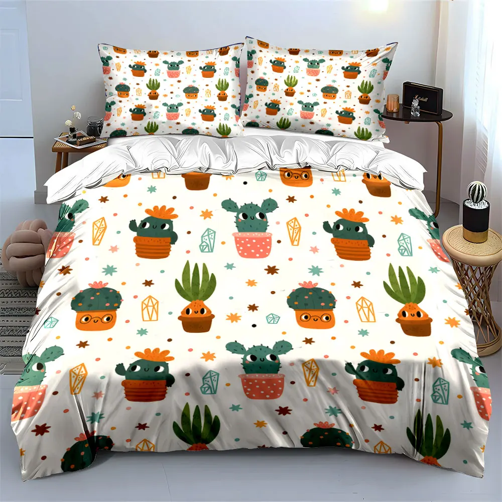 Cute Succulents and Cactus Cartoon Print Bedding set 3PC 1 duvet cover 2 pillowcases adult and children bedding set Luxury