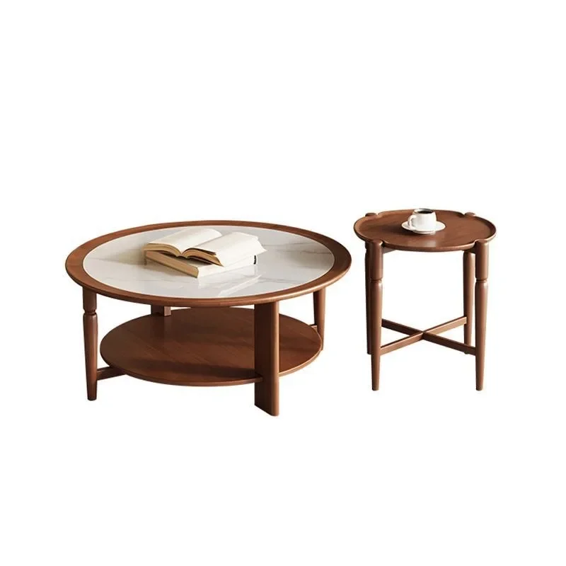 Mesa de centro francesa de losa de roca redonda de madera maciza, estilo medio y antiguo, hogar pequeño y sencillo