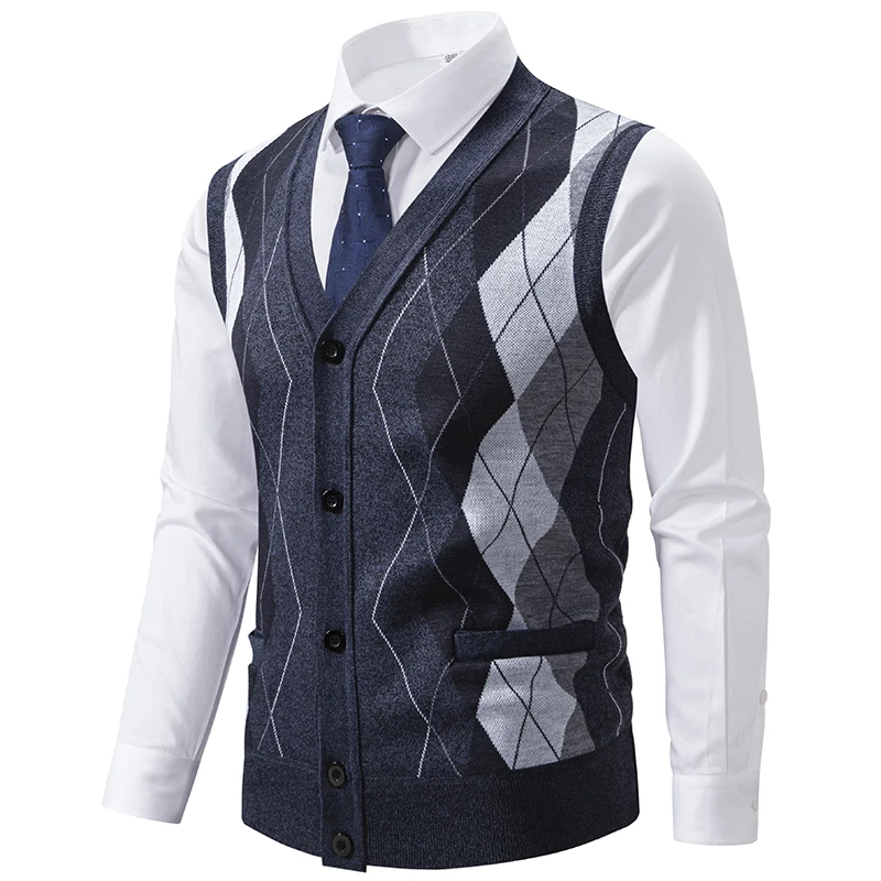 Bild 4: Herren Herbst Winter Fleece gefütterte Strickweste V-Ausschnitt ärmellose Weste Pullover Strickwesten Button-Down-Pulloverweste