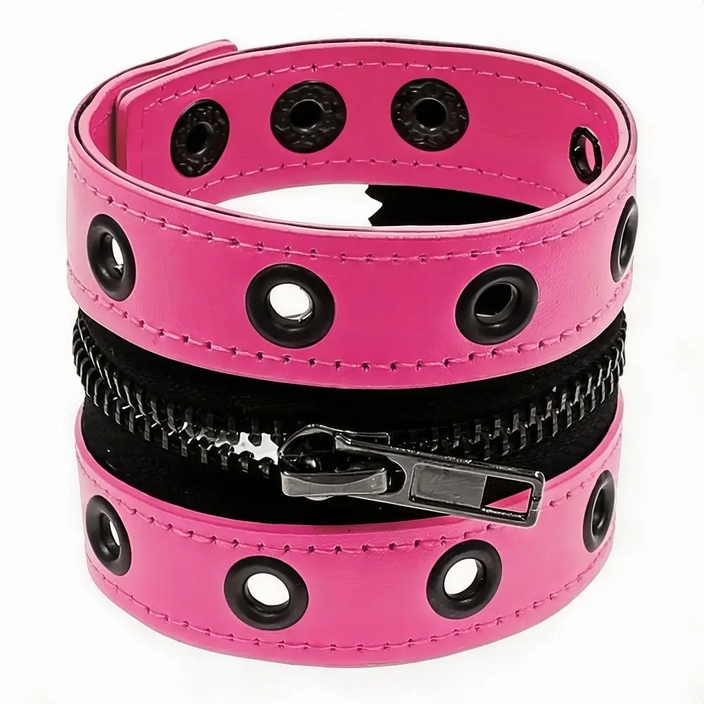 New Leather Leather Wristband Zipper Detail Rivet Accent Rivet Bracelet Snap Closure Decorative Zipper Wrist Cuff Bracelet