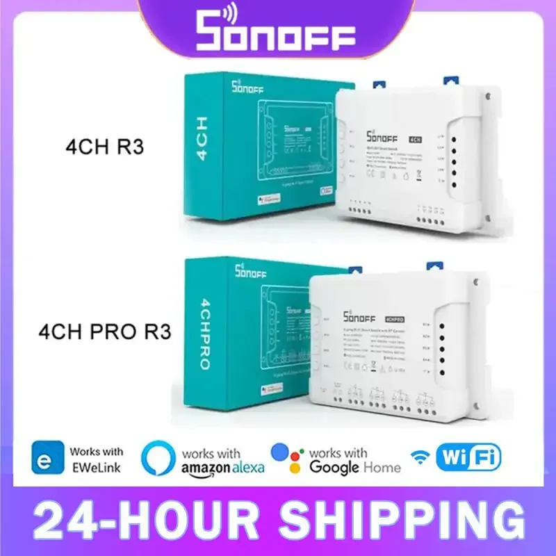 SONOFF-Interruptor Wi-Fi inteligente com controle remoto sem fio, Din Rail Temporizador de montagem, DIY Via Ewelink, 4CH R3 4CH PRO R3 4 Gang, 433MHz