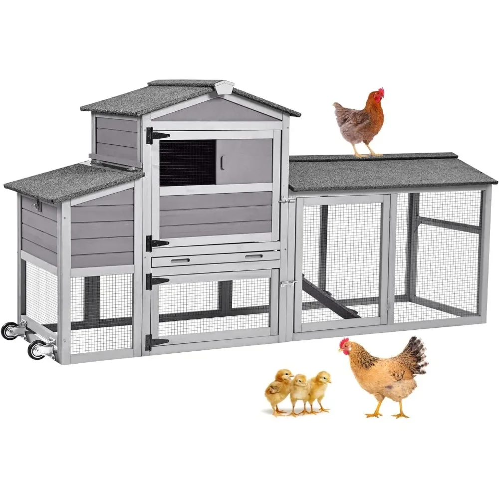 

80in Chicken Coop Mobile Hen House Outdoor Wooden Poultry Cage With Wheels Nesting Box Run Farm Equipment Door Pet