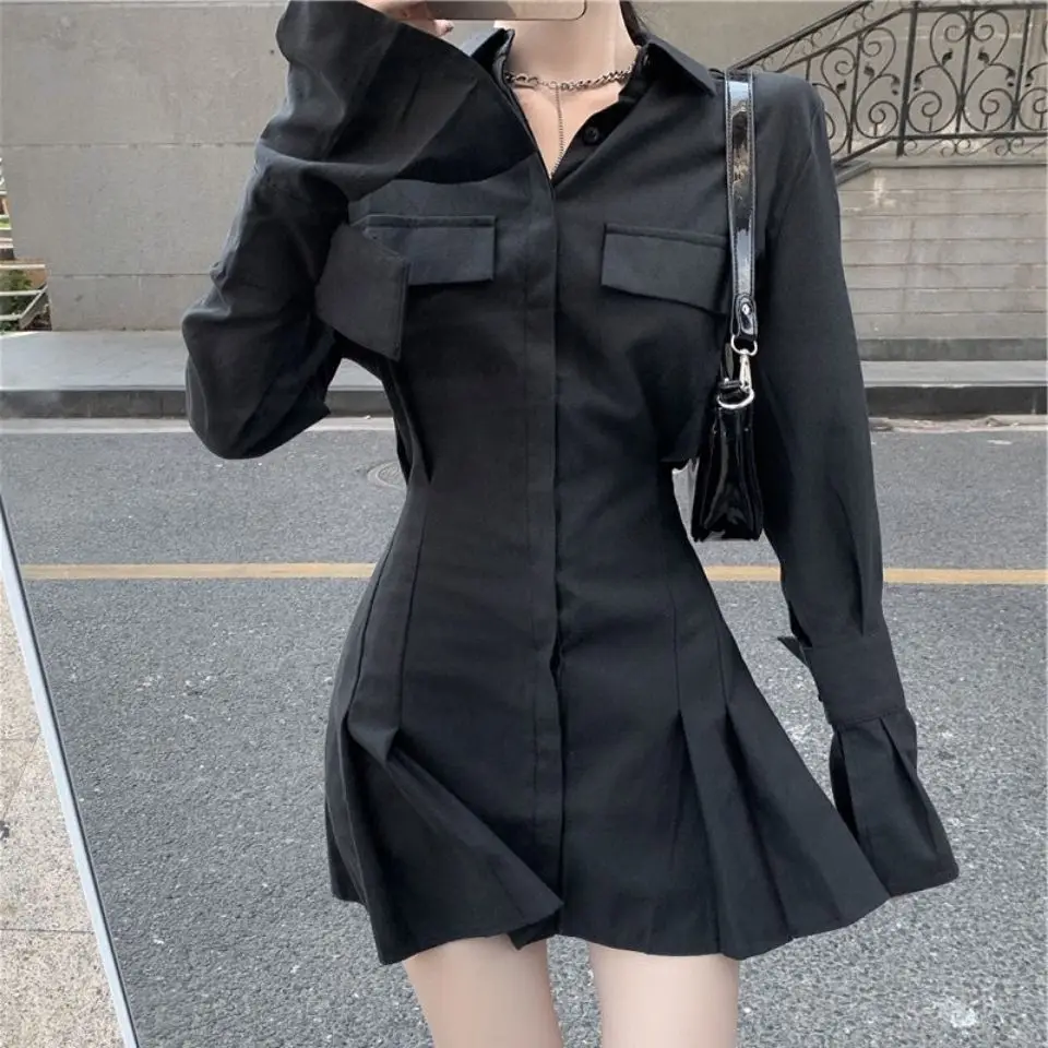 

2026 Early Autumn Long-sleeved Shirt Women's New Shirt Temperament Sexy Small Black Dress Waist Thin Short Shirt