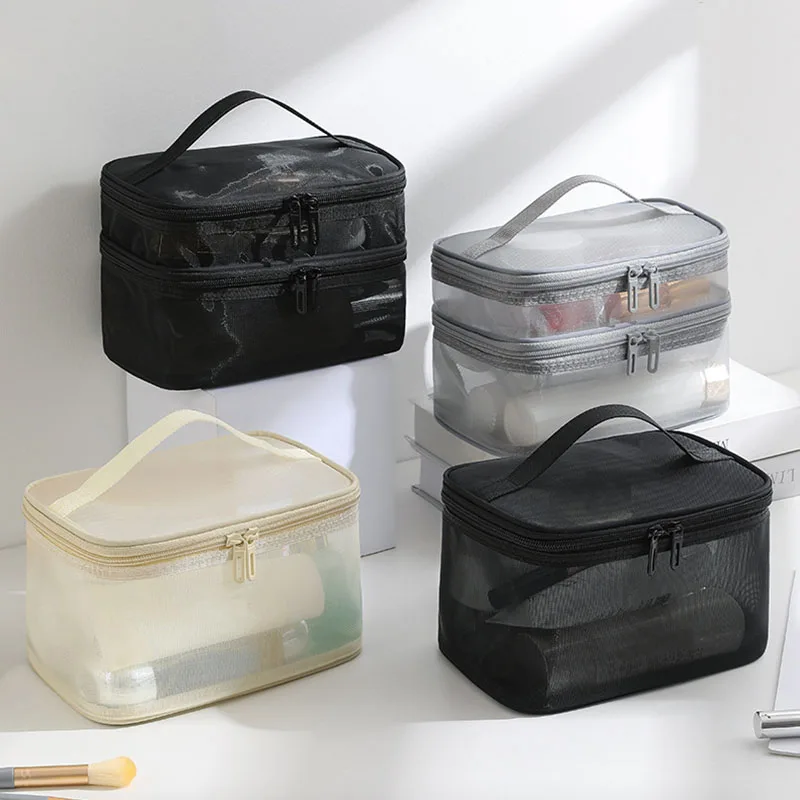 

Double Layer Cosmetic Bag, Large Portable Mesh Travel Cosmetic Bag, with Double Zipper Makeup Brush Multifunctional Toiletry Bag