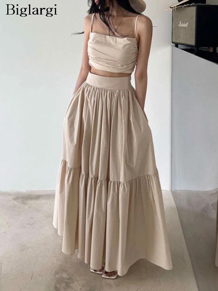 Spring 2 Two Piece Set Women Slim Modis Ladies Cropped Slip Tops Korean Casual Loose High Waist Ruffle Pleated Woman Long Skirts