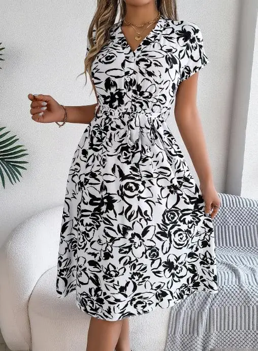 

Realistic Photo of 2024 Spring Summer Latest Hot Selling Casual V-Neck Button Bat Sleeve Flower Big Swing Dress for Women's Wear