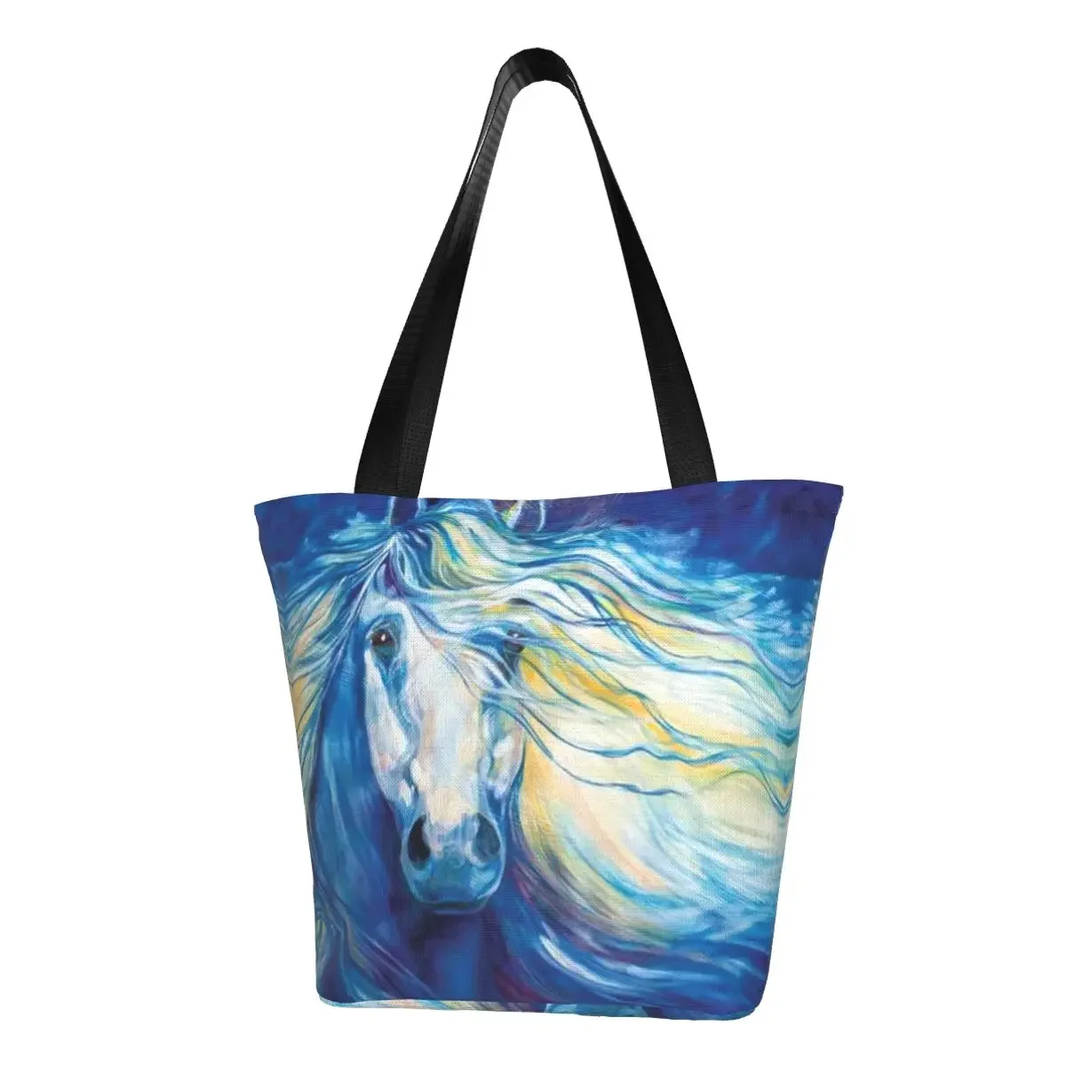 Blue Art  Horse Groceries Shopping Tote Bags Women Fashion Animal Canvas Shopper Shoulder Bag Big Capacity Handbag