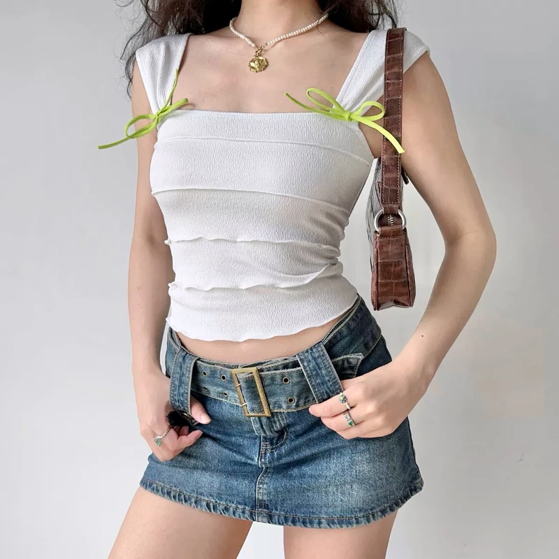 Weste Leibchen Damen weiße Slim-Fit Polyester europäischen und amerikanischen Stil Textur mit grüner Schleife Off-Neck rücken freies Top Sommer