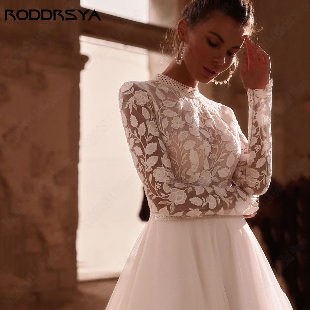 Roddsya musulmán vestido de novia sin encaje 2024 noviRODDRSYA-vestidos de novia musulmanes de encaje con Espalda descubierta, vestidos de novia bohemios con apliques de manga larga y cuello redondo, talla grande, 2024