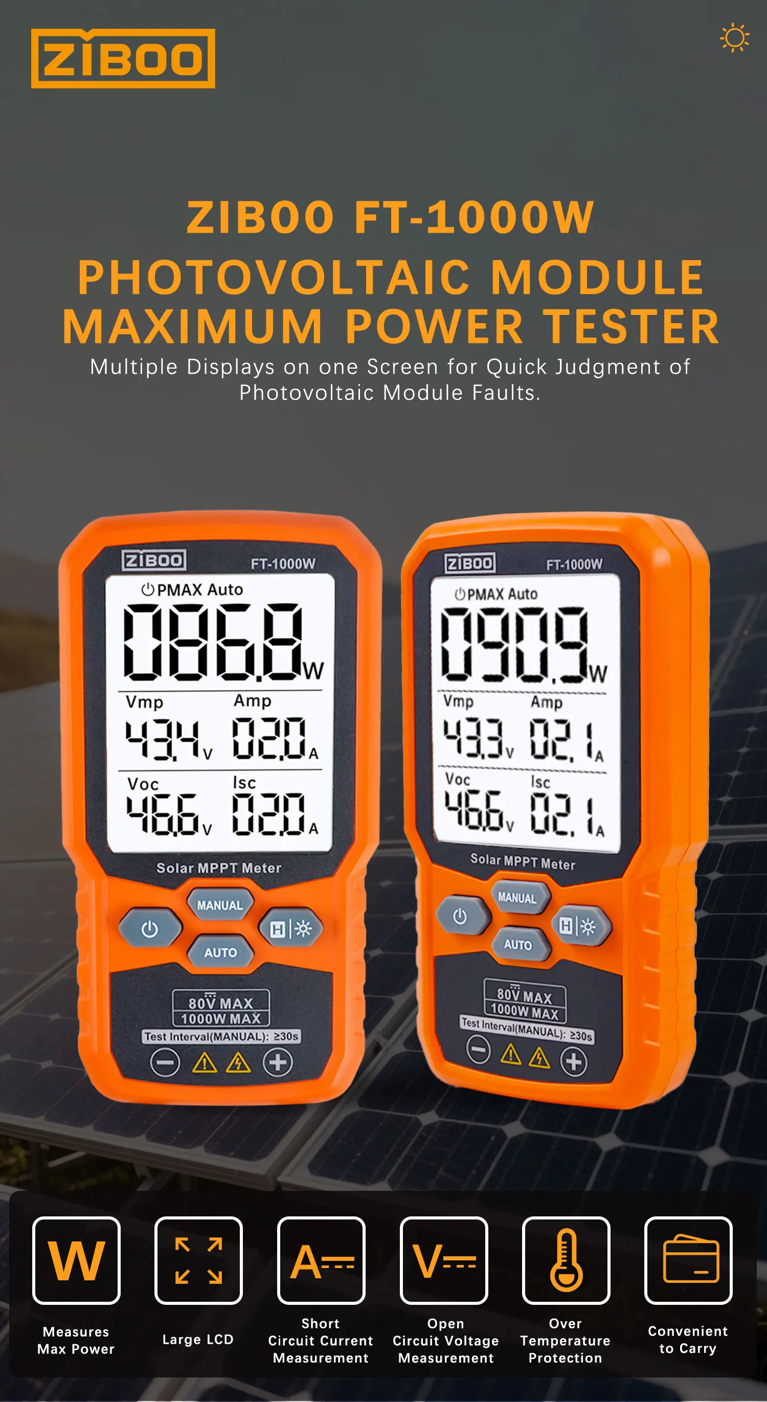 ZIBOO Solar MPPT Meter Photovoltaik Multimeter, PV Modul FT-1000W MAX Power Tester, Offene Stromversorgung Spannung Kurzschluss Strom – Detail 2