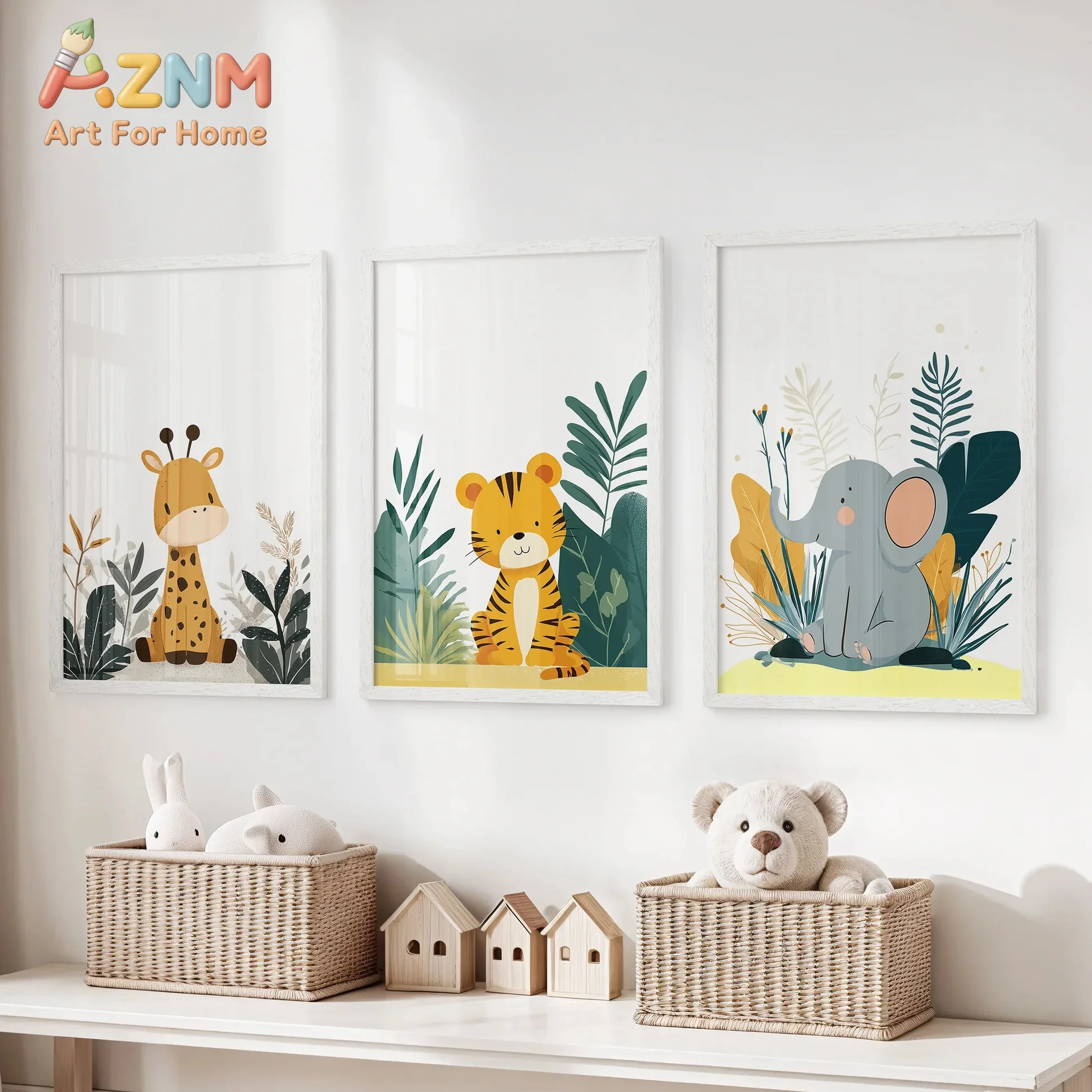 AZNM Jungle Animal Canvas Wall Art Giraffe Tiger Elephant Tropical Plant Frameless Canvas Painting Nursery Kids Room Home Decor