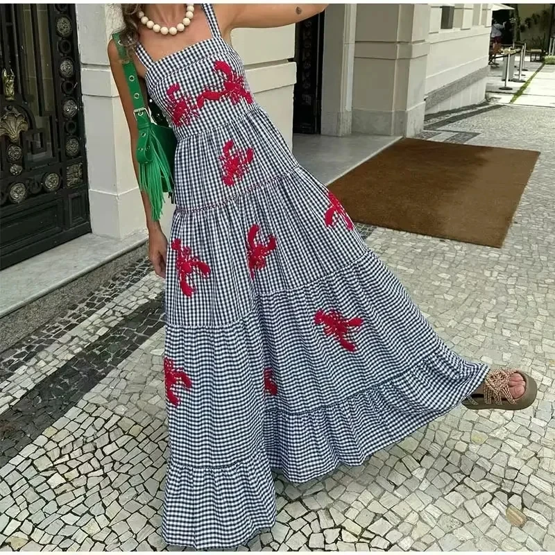 TRAF Embroidery Plaid Long Dresses Women Sleeveless Slip Midi Dress Woman Pleated Backless Beach Dress Vintage Summer Dress