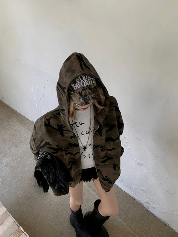 Suéter camuflado hiphop para homens e mulheres, lã pesada, casal, jaqueta cardigã com capuz, feminino