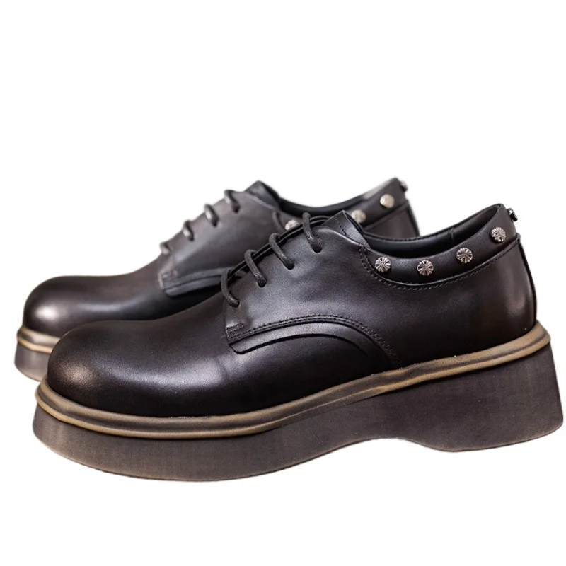 

Hand Sewn Cowhide Leather Shoes for Men's Rivets Thick Soled Stylish Casual Derby Shoes Retro Breathable Height Increasing Shoes
