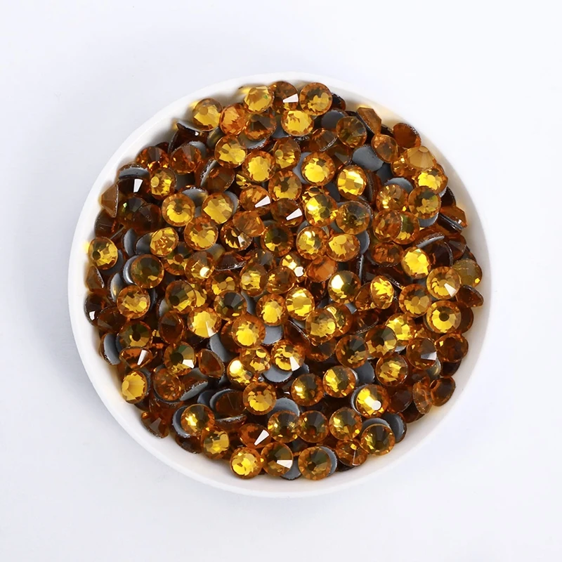 High Quality SS6-SS30 Hotfix Glass Flatback Rhinestone Glitter Topaz Yellow Gold Round Stones Iron on Rhinestones for Clothes