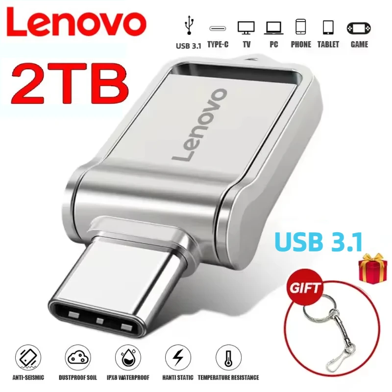 Lenovo Usb 3.1 Drive 2tb Flash High Speed Usb Flash U Disk Type-c Interface Dualuse Mobile Phone Computer Metal Memory Stick New