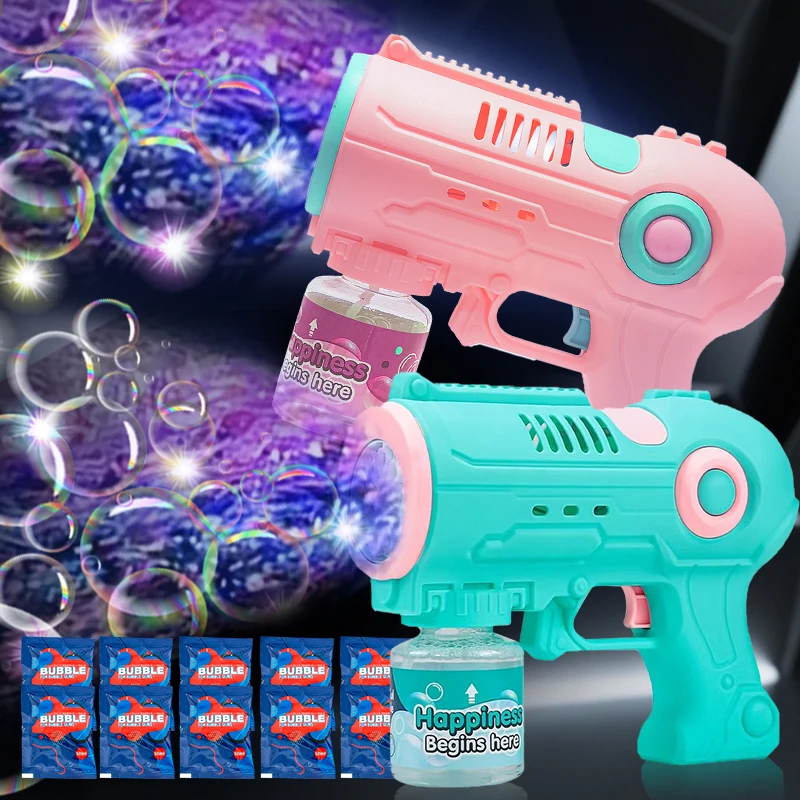Pistola de bolhas para crianças, 2 pacotes, máquina automática de bolhas, varinhas de bolhas de 10 furos para crianças com luzes LED e solução, Ea