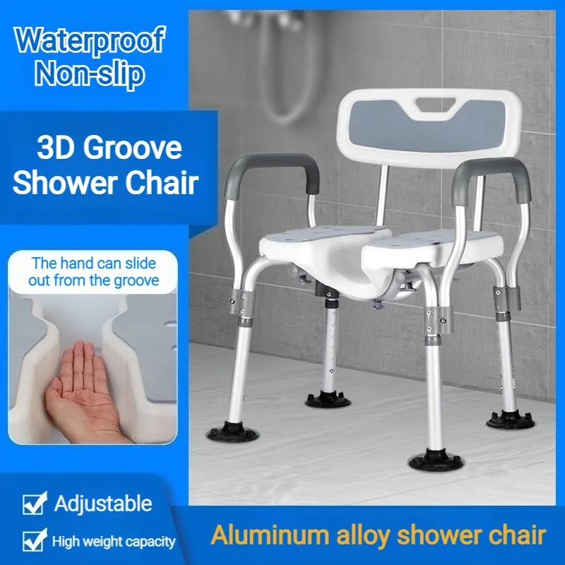 

Стул для душа из алюминиевого сплава с пазами, противоскользящий, устойчивый, регулируемый, нержавеющий, без сверления, с подлокотниками, для ванной, реабилитационный, без сверления