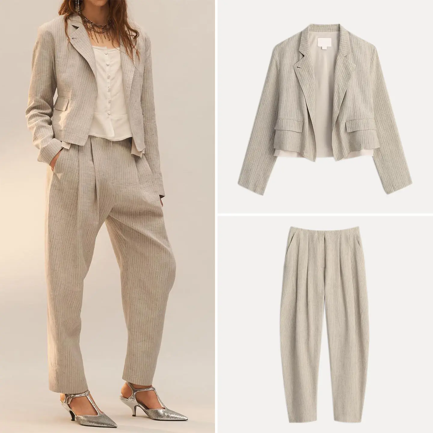 

Весенний женский костюм 2026: Полосатый пиджак и брюки с высокой талией, длинными рукавами, укороченные, классический стиль, комплект из двух предметов