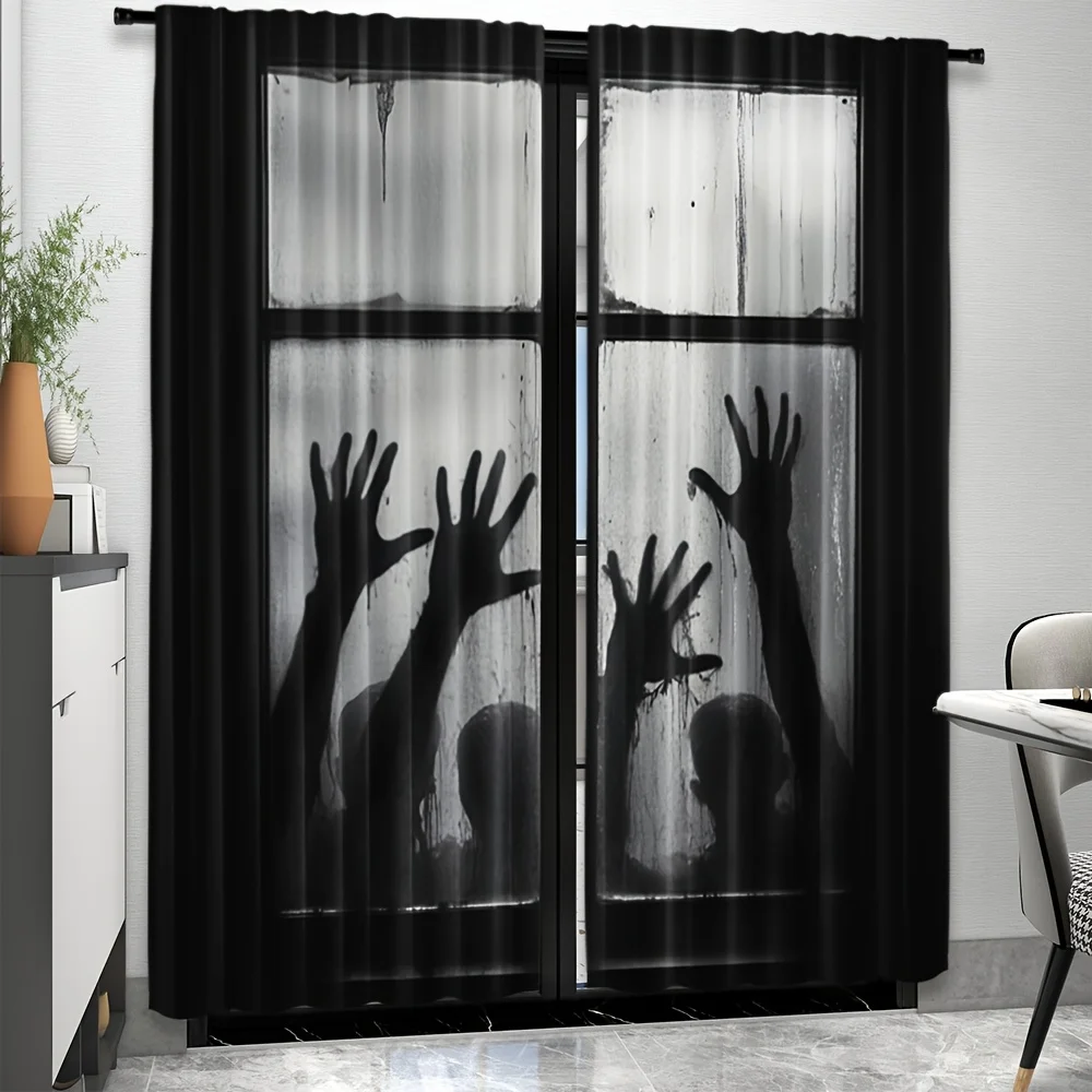 Scary Zombie Hand Curtains, Black Horror Silhouette Print Drapes for Halloween Party Spooky Haunted House Window Treatment Decor