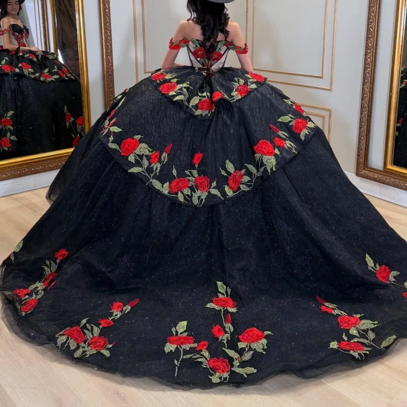 블랙 샤이니 킨세아녜라 드레스 오프숄더 볼 가운 스위트 16 드레스 비딩 아플리케 레이스 튤 생일 파티 베스티도스 15세