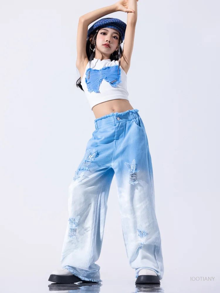 Girls Hip Hop Gradient Butterfly Short Top Hoodie Overalls Children's Street Dance Costume Set Children's Jazz Dance Costume