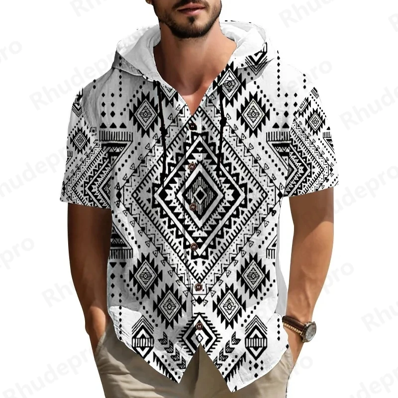 

Летняя рубашка с капюшоном в национальном стиле, повседневная рубашка с 3D принтом, толстовки на пуговицах с короткими рукавами, топы для пляжного отдыха, уличная одежда