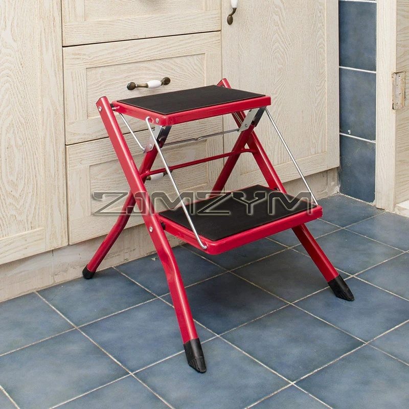 Two Step Iron Ladder Step Stool Staircase Chair Household Folding Ladder Space Saving Utility Ladder Non-Slip Safety Foot Stool