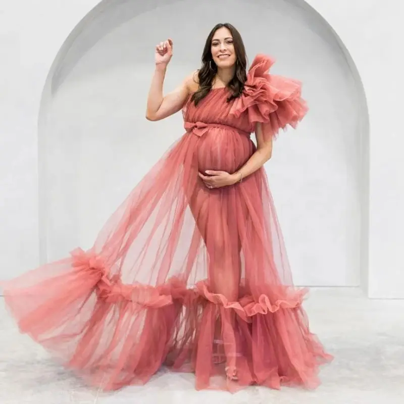 Romantic Pink Maternity Robes Tiered Ruffles Tulle A Line Pregnant Women Photography Dresses Ruffles Customized Babyshower Gowns