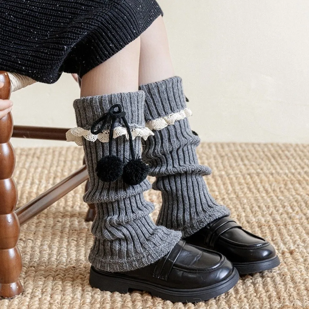 New Solid Color Leg Warmers Thickened Lolita Mid-Calf Sock Knitted Bow Pompom Middle Tube Socks Gift