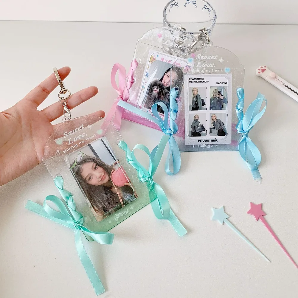 With Keychain DIY Ribbon Photocard Holder PVC Card Cover Love Heart Pendant Idol Card Display Protector Korean Style Picture