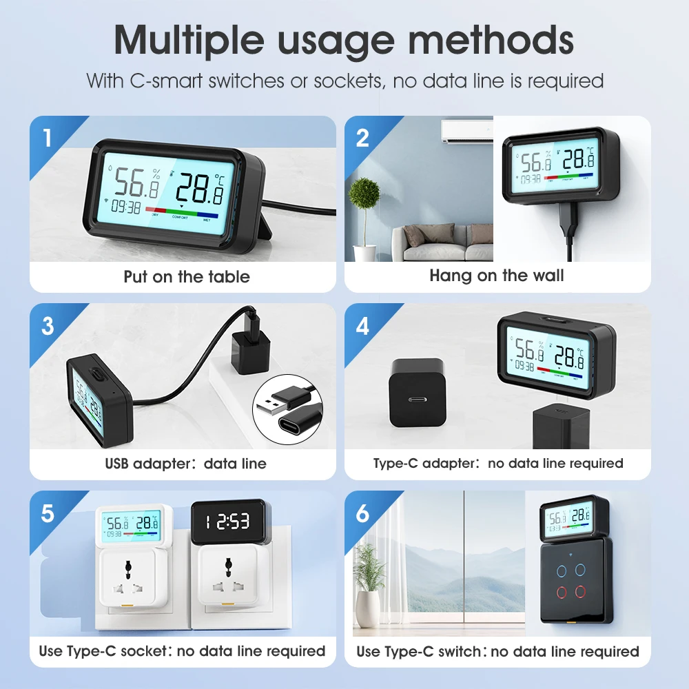 DC5V Wireless WIFI TUYA App Control misuratore di temperatura e umidità Smart Home interfaccia di tipo C con retroilluminazione-10 °C ~ 65 °C 0 ~