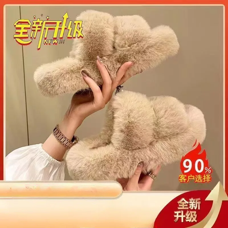 Winter Fluffy Slippers Women Fashion New Home Fur Slippers for Women Flat Platform Cozy Fuzzy Indoor Shoes Korean Slides