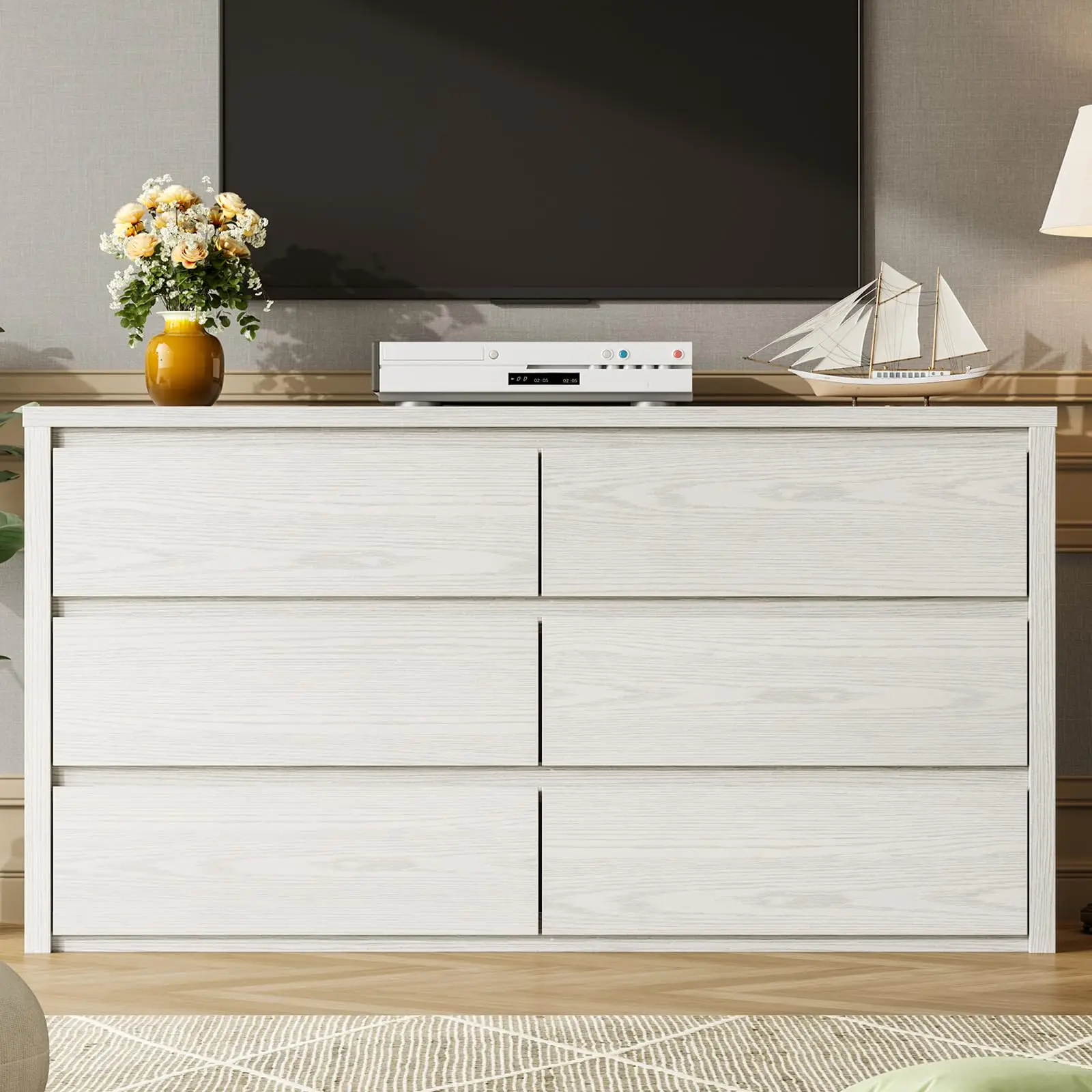 Modern 6 Drawer Dresser for Bedroom – Wide Wooden Chest of Drawers with Deep Storage – Freestanding Cabinet for Living Room, Hallway, Entryway – Black Finish