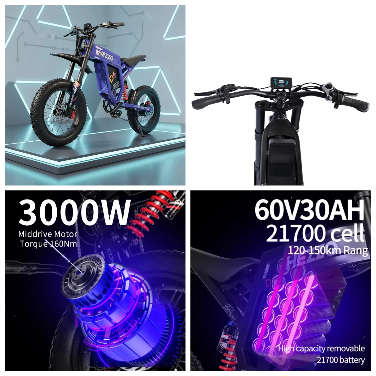 60V 3000W Rear-Drive Electric Off-Road Motorcycle 20 Inch 30Ah Aluminum Lithium Battery CE GCC Adult