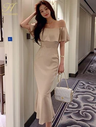 H Han Queen Hot Sale Sexy Slash Neck Mermaid Dress Elegant Fashion Slim Korean Party Long Vestidos Women Casual Simple Dresses