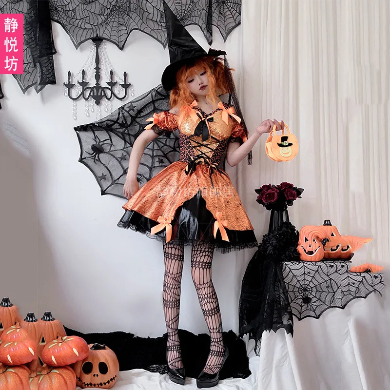 Adult Womens Halloween Orange Spiderweb Witch Cosplay Costume Black Hat Lace Up Mini Dress Fancy Outfit Stage Performance view 4