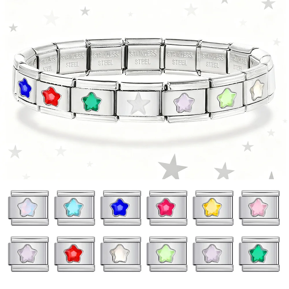 9mm Colorful Purple Blue Yellow Green Pink Pentagram Rhinestone Charm Stainless Steel Jewelry Link Making Italian Bracelet DIY