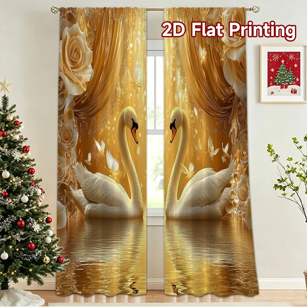 2D flat 2pcs Curtain Vintage drapes and curtains Wedding Golden Swan Pair Durable polyester fiber Birthday Party Perfect for