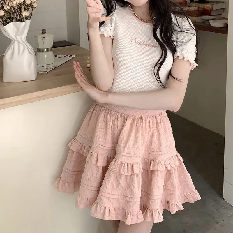 

Kawaii Japanese Style Women Mini Skirt Ruffle Layered Lolita Pink Cutecore Sweet Short Skirts Lace Elegant A-line Skirt