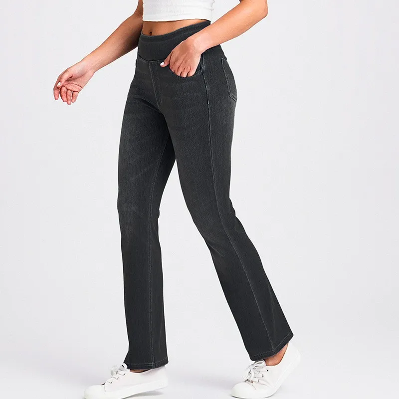 Women's Jeans High Waist Stretch Long Length Denim Pants Mid Blue Flared Leg Front Pocket Back Pocket Slim Fit
